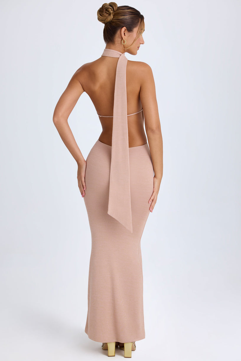 Scarf-Detail Cut-Out Halterneck Maxi Dress in Warm Peach - 2
