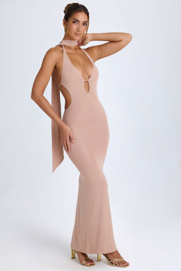 Scarf-Detail Cut-Out Halterneck Maxi Dress in Warm Peach