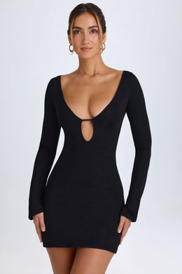 Cut-Out Long-Sleeve Mini Dress in Black