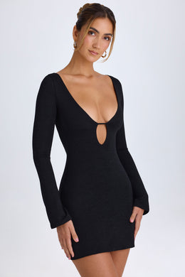 Cut-Out Long-Sleeve Mini Dress in Black