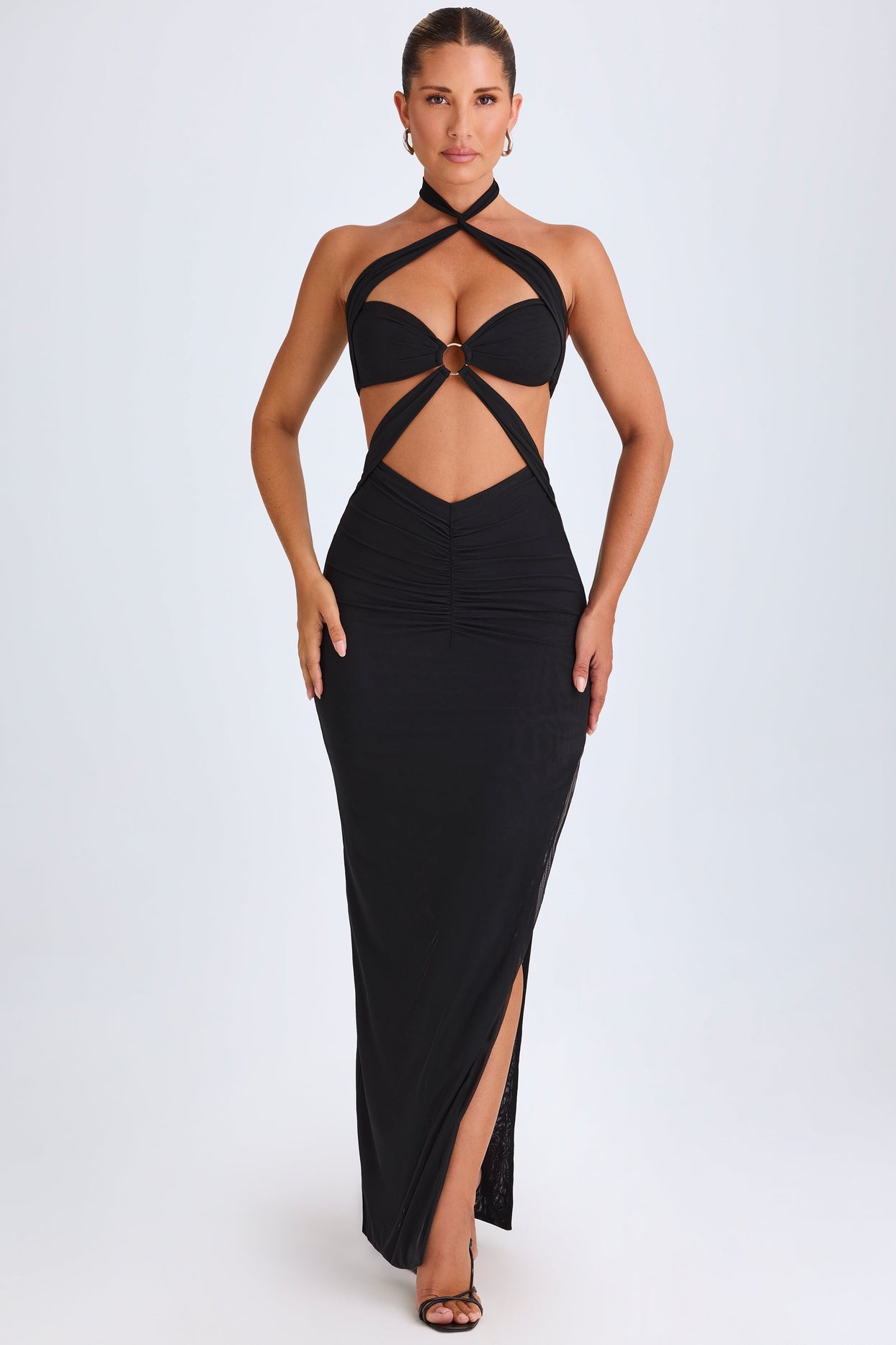 Hardware Detail Cut-Out Halterneck Maxi Dress in Black - 8