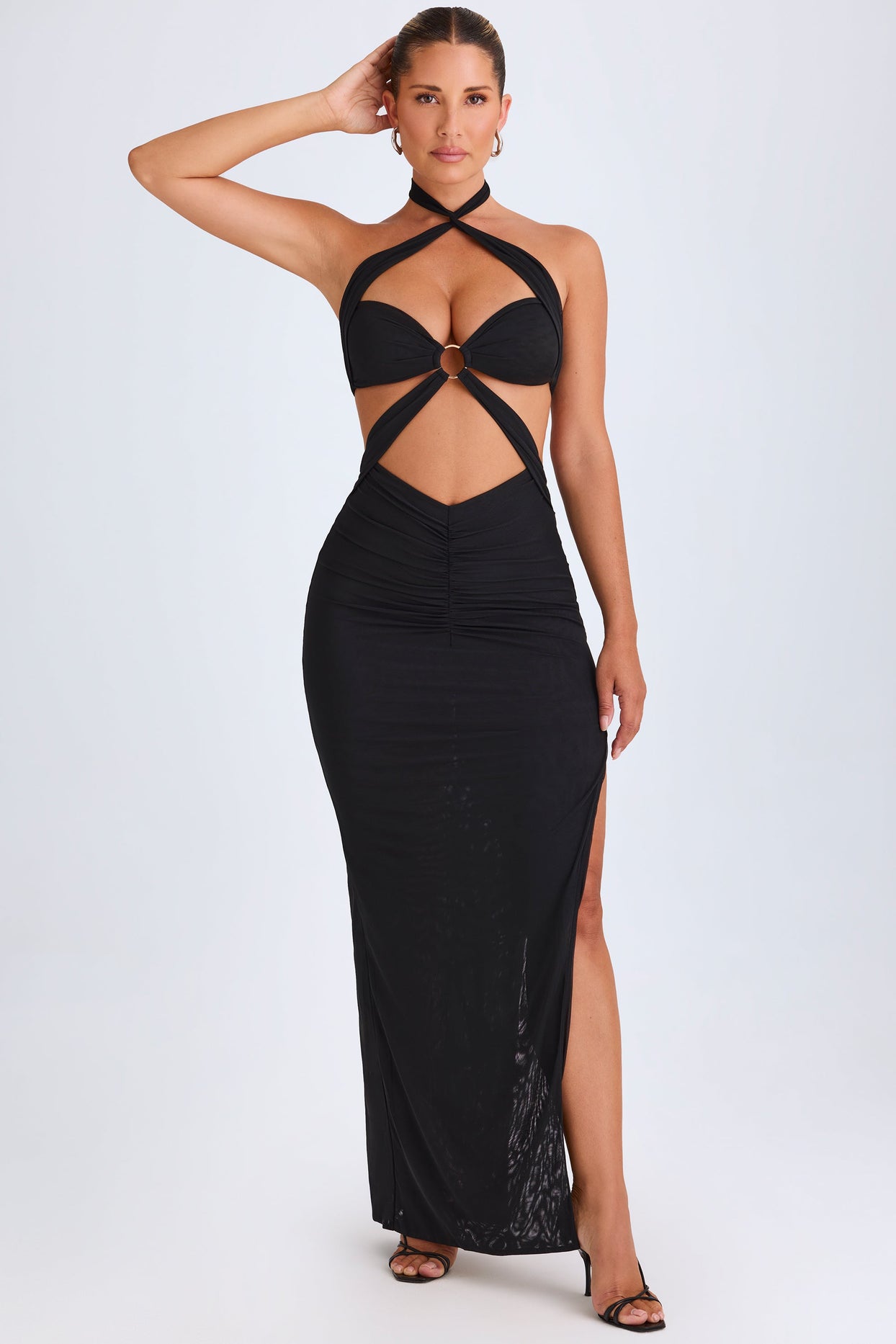 Hardware Detail Cut-Out Halterneck Maxi Dress in Black - 7