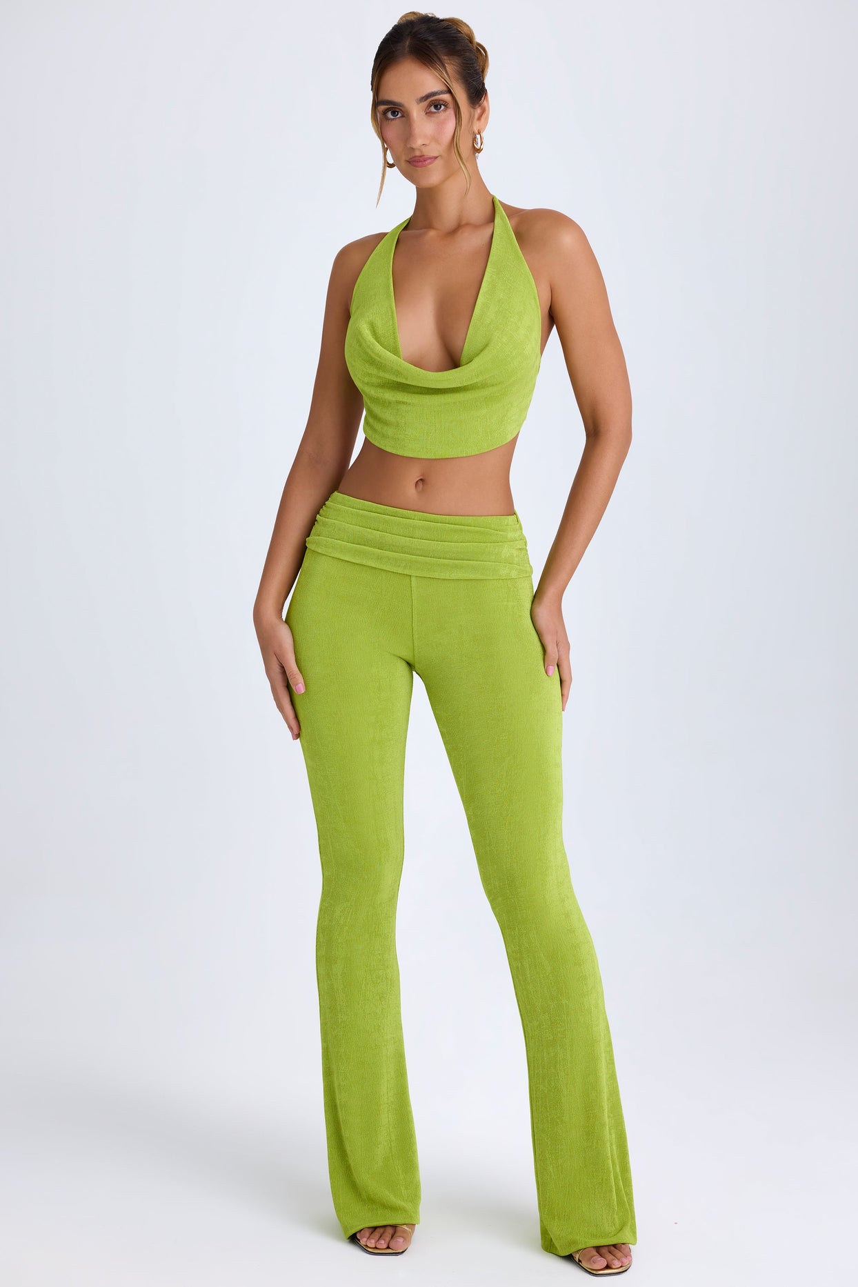 Petite Ruched Mid-Rise Trousers in Pear Green