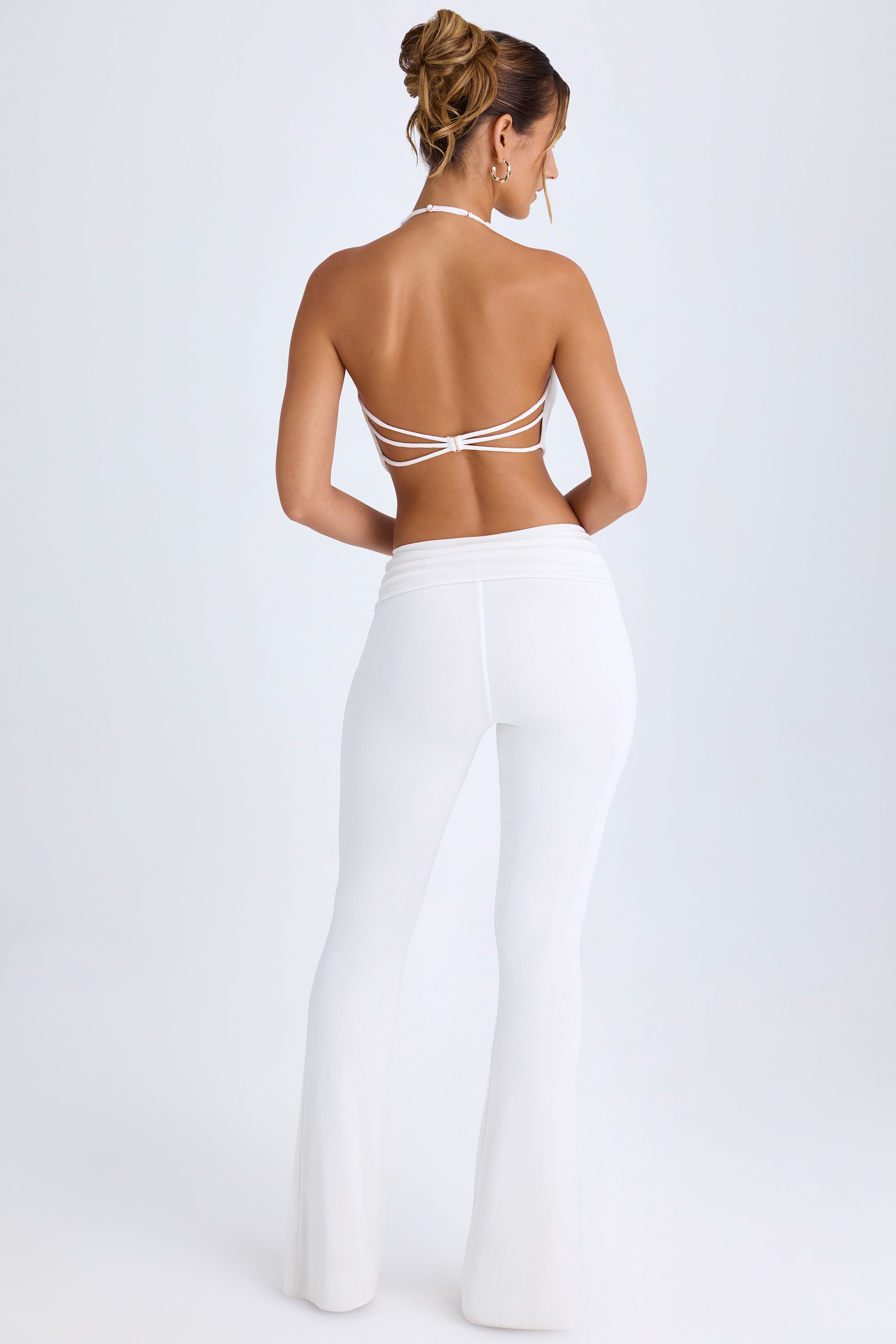 Lillian Ruched Mid Rise Trousers in White Oh Polly
