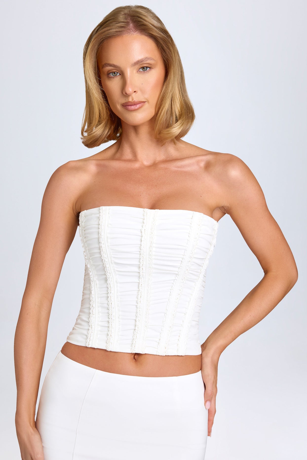 Ruched Lace-Up Corset Top in White