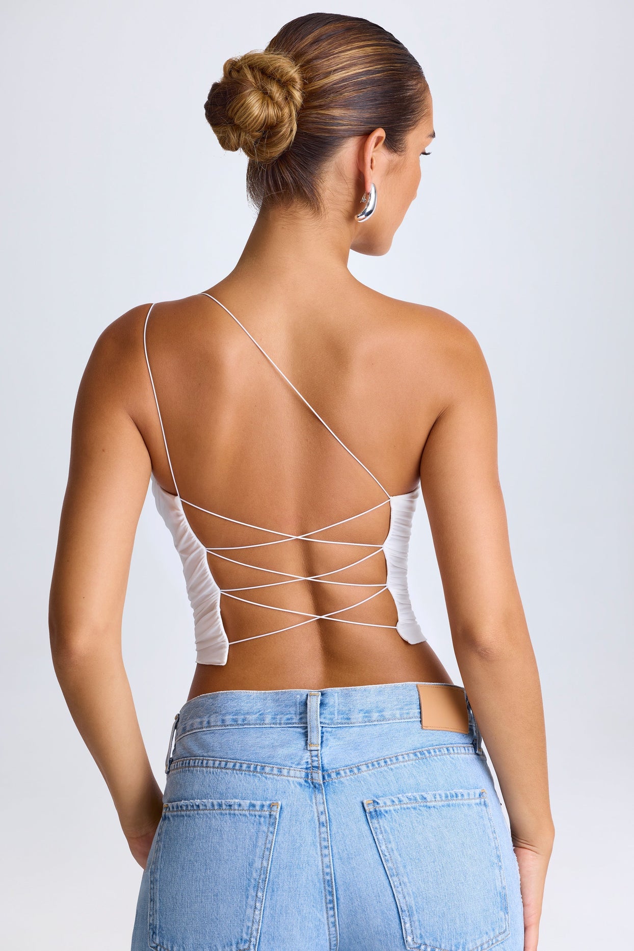 One-Shoulder Lace-Up Top in White