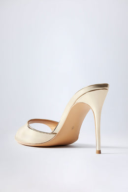 Almond-Toe Heeled Mules in Mirrored Gold