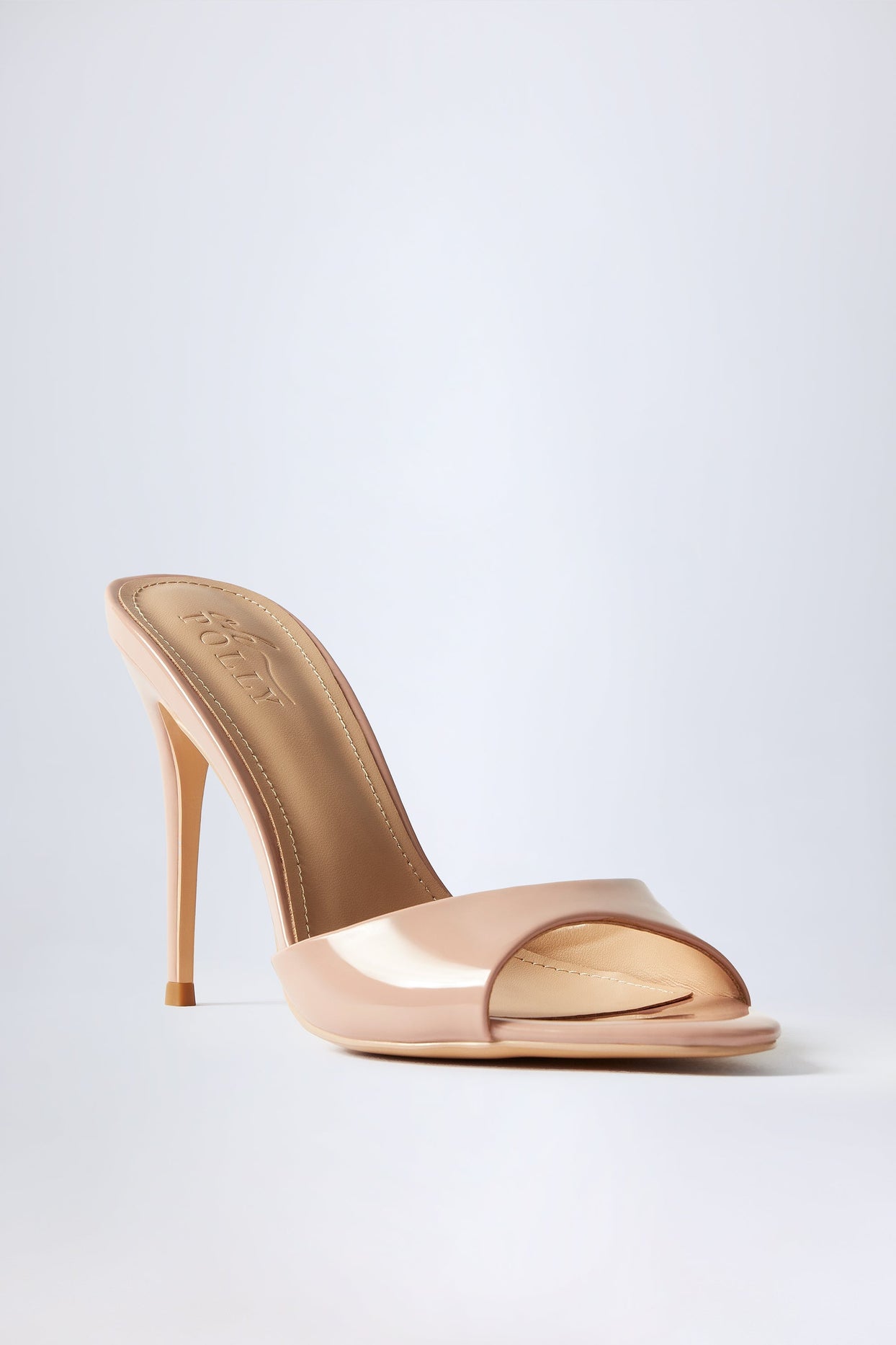Amandine Almond-Toe Heeled Mules in Patent Pink Oh Polly