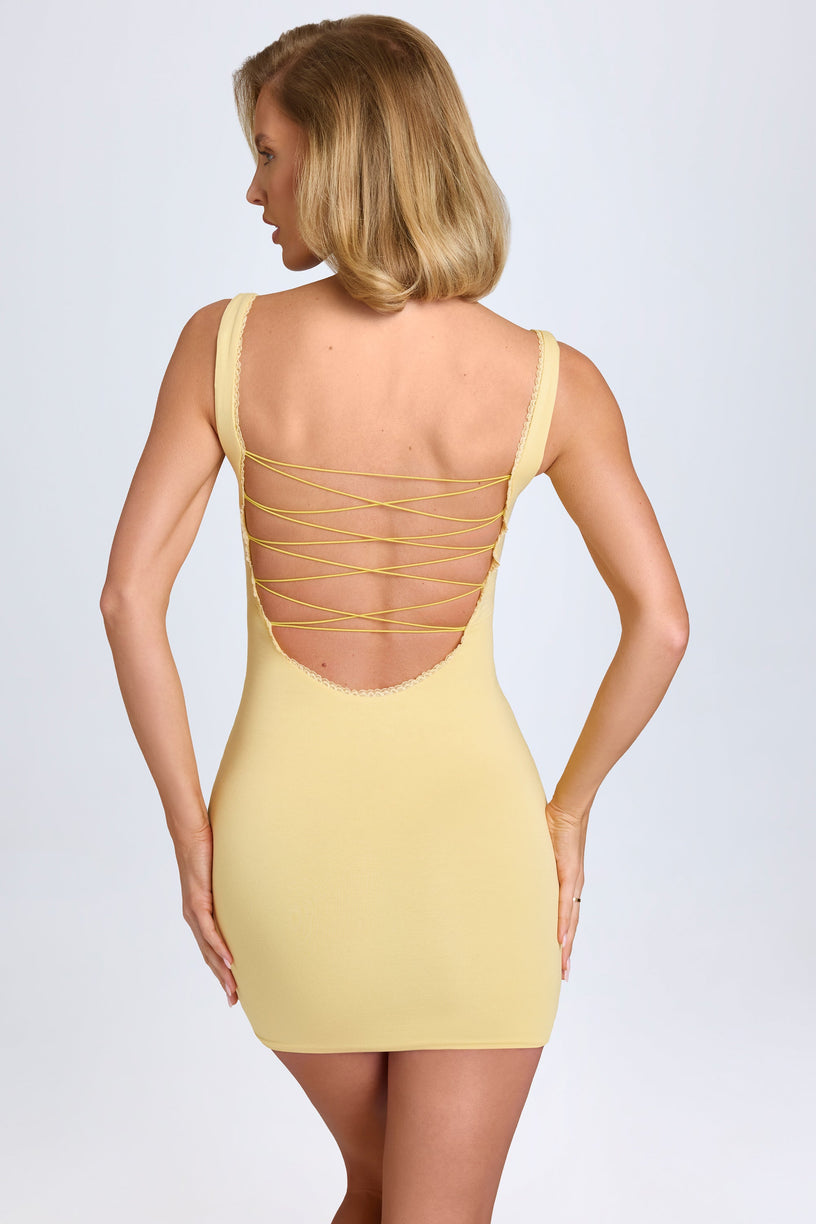 Modal Lace-Trim Bodycon Mini Dress in Pastel Yellow - 1