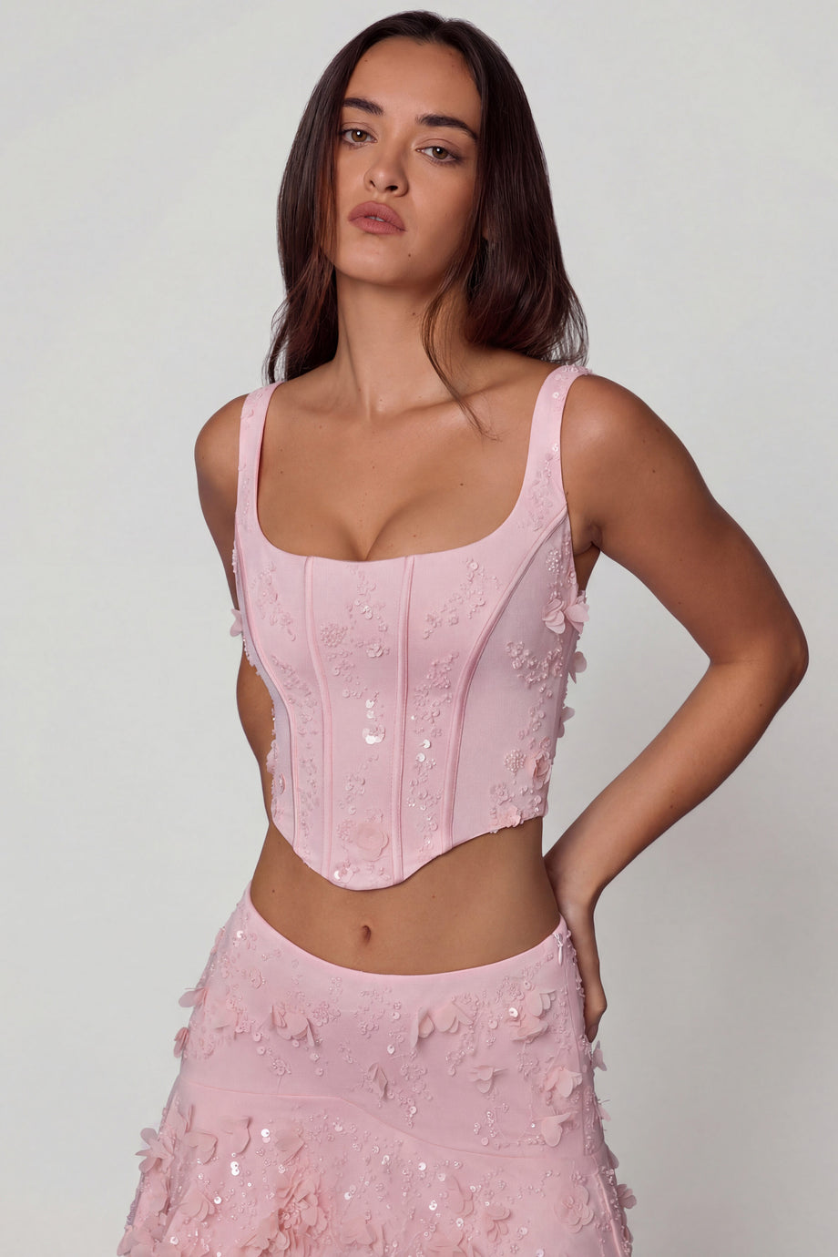 Oh Polly's Roberta wearing the Letitia Corset Top in Ballet Pink Embellished fabric perfect for elegant evening events