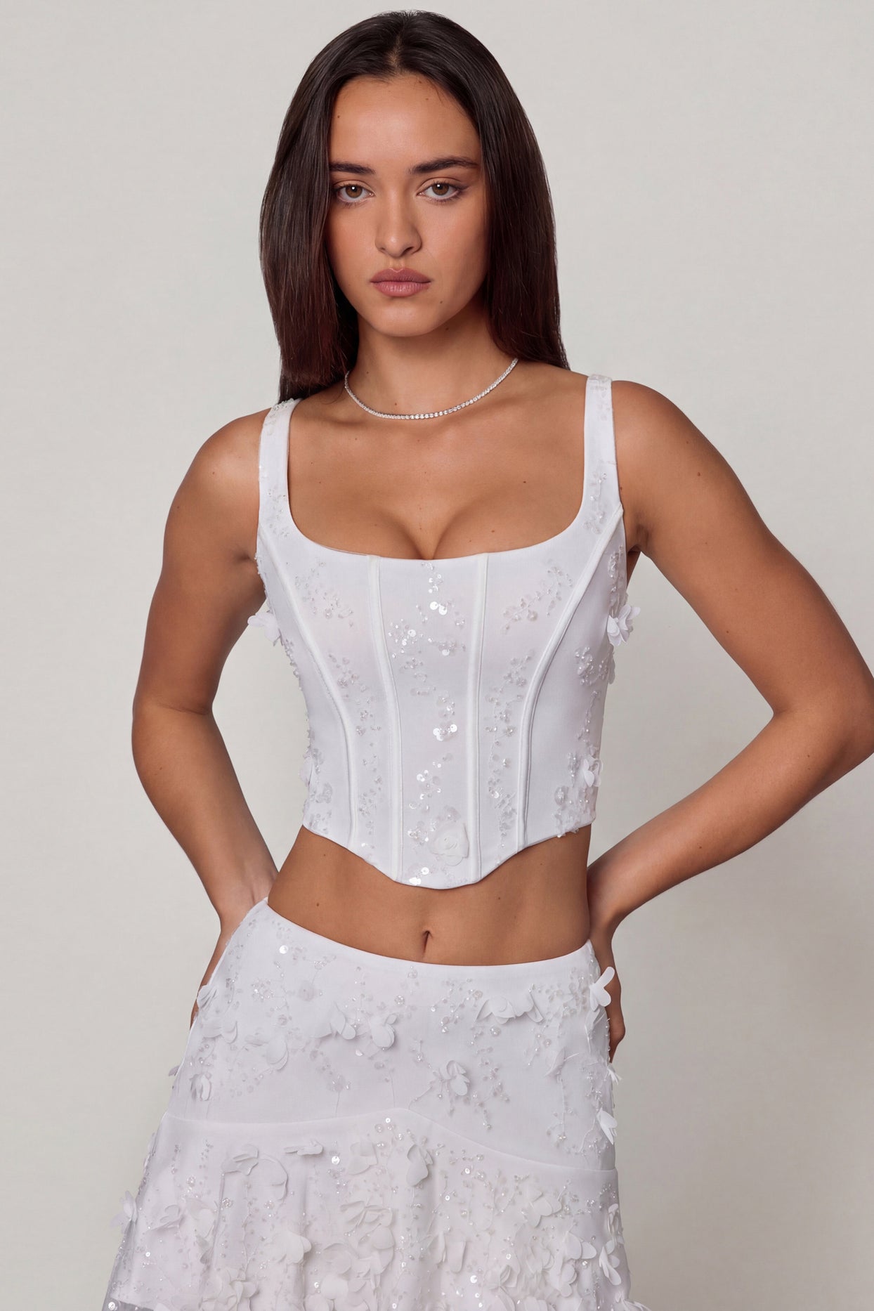 Oh Polly's Roberta wearing the Letitia Corset Top in White Embellished fabric perfect for bridal showers