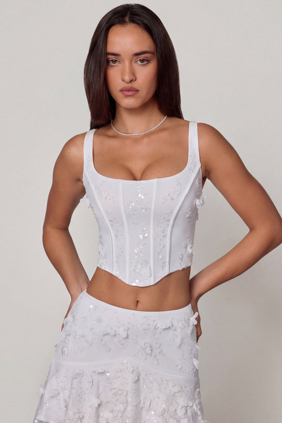 Oh Polly's Roberta wearing the Letitia Corset Top in White Embellished fabric perfect for bridal showers