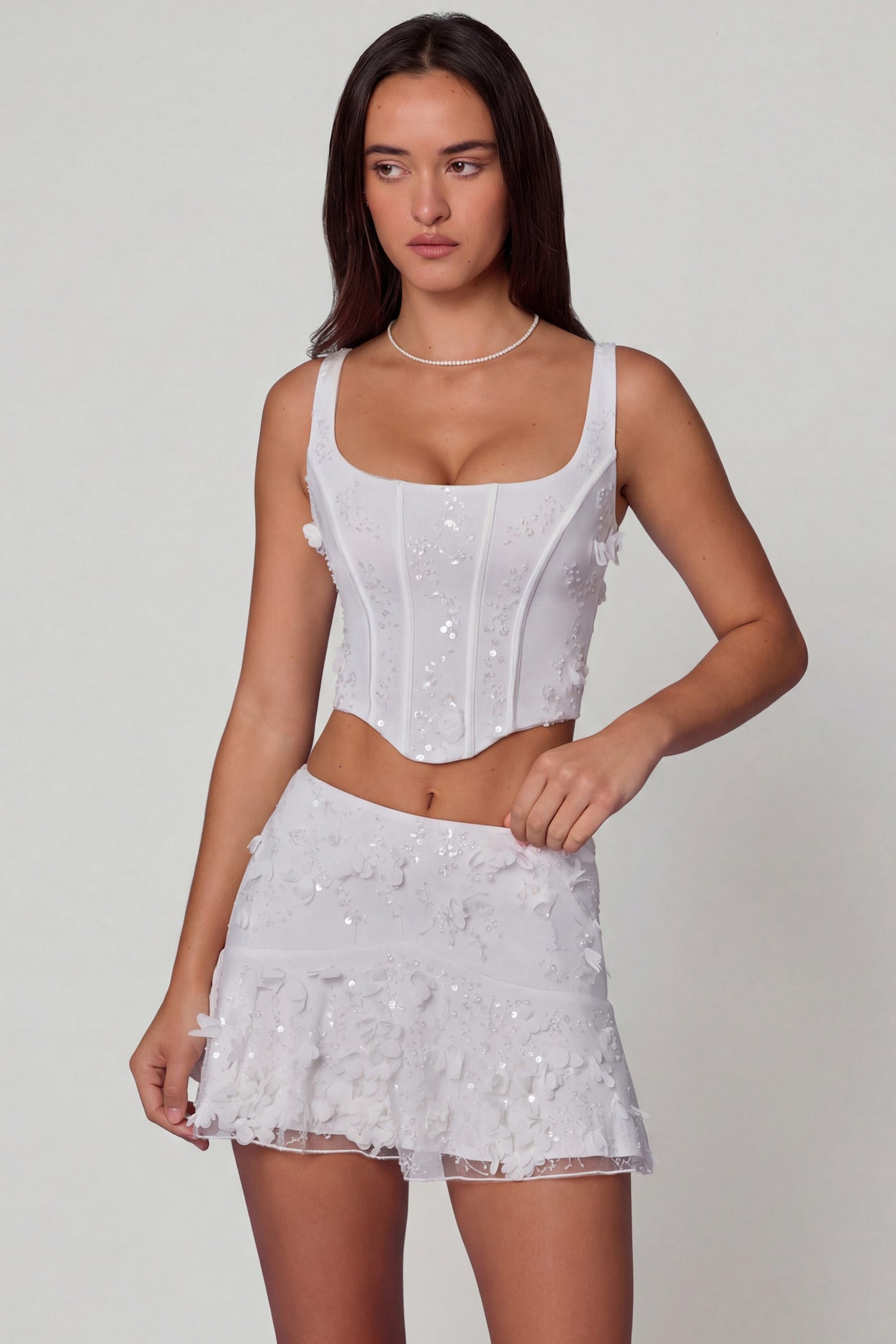 Oh Polly's Roberta wearing the Letitia Corset Top in White Embellished fabric perfect for date nights