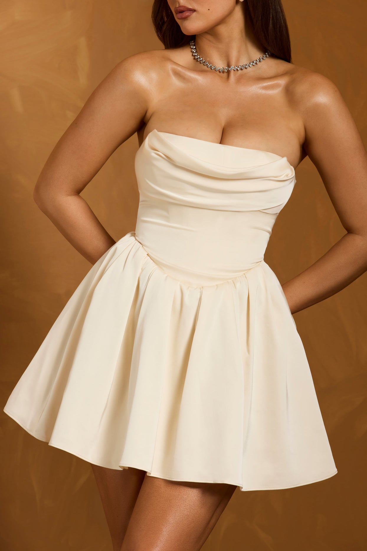 Cowl-Neck Corset Mini Dress in Ivory