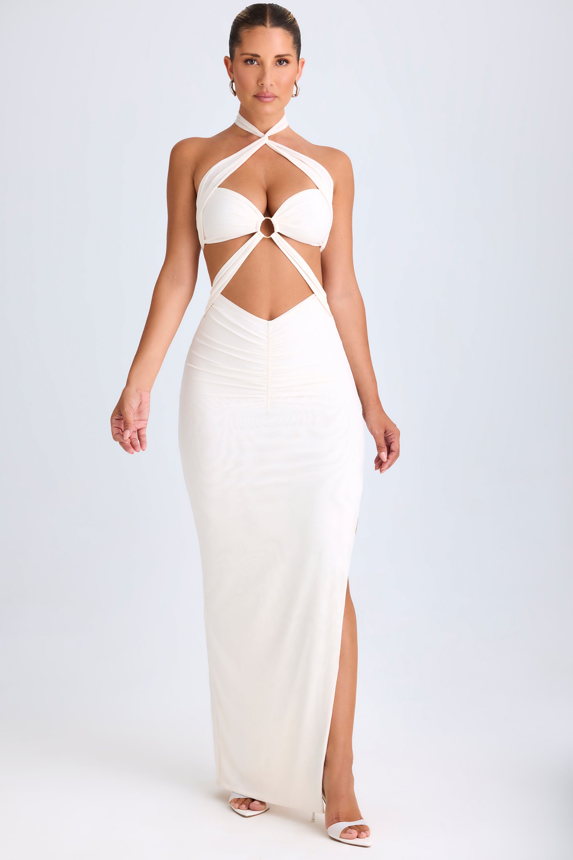 cut-out ruched halterneck maxi dress in white Ray Of Light Ruched Halterneck Maxi Dress Off White