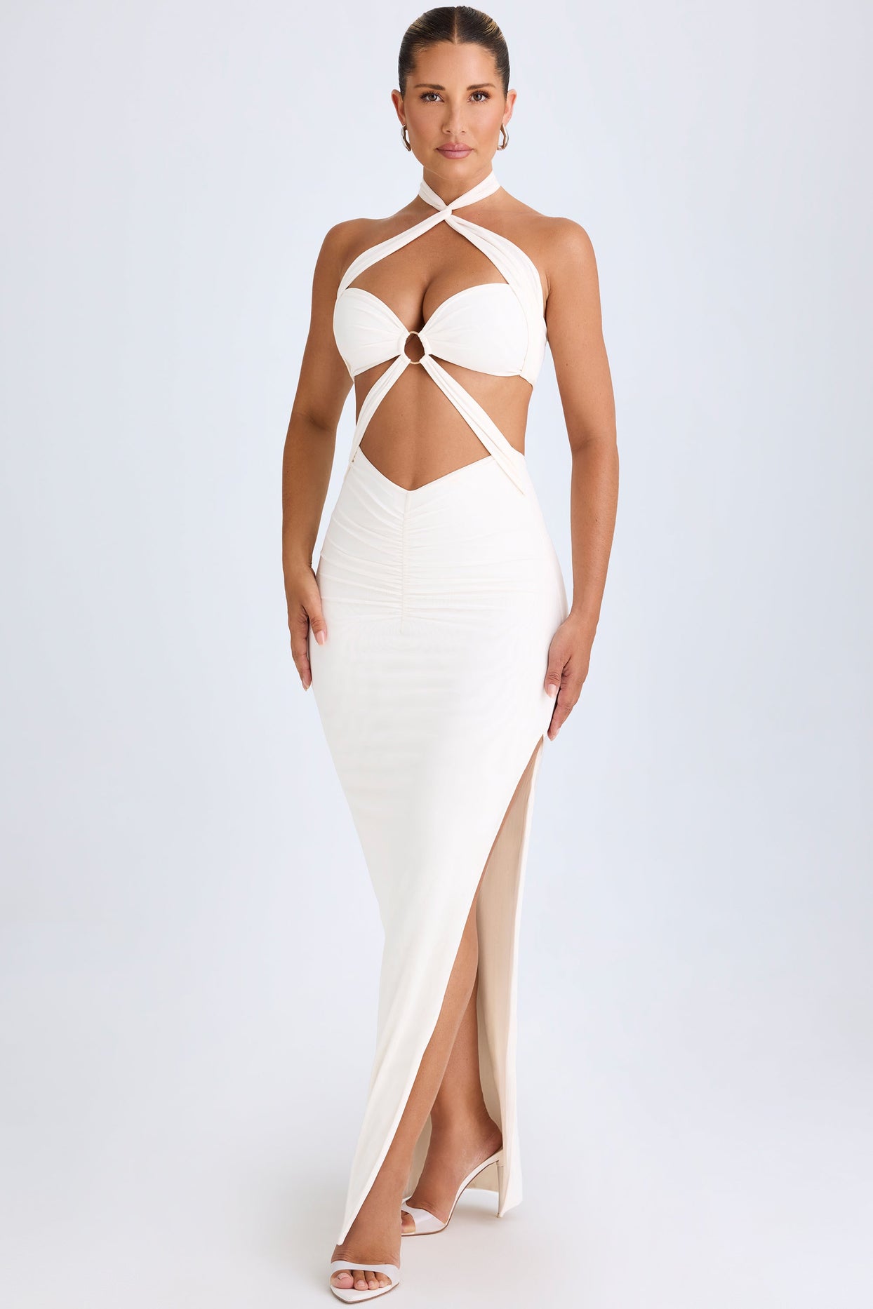 Cut-Out Ruched Halterneck Maxi Dress in White - 8