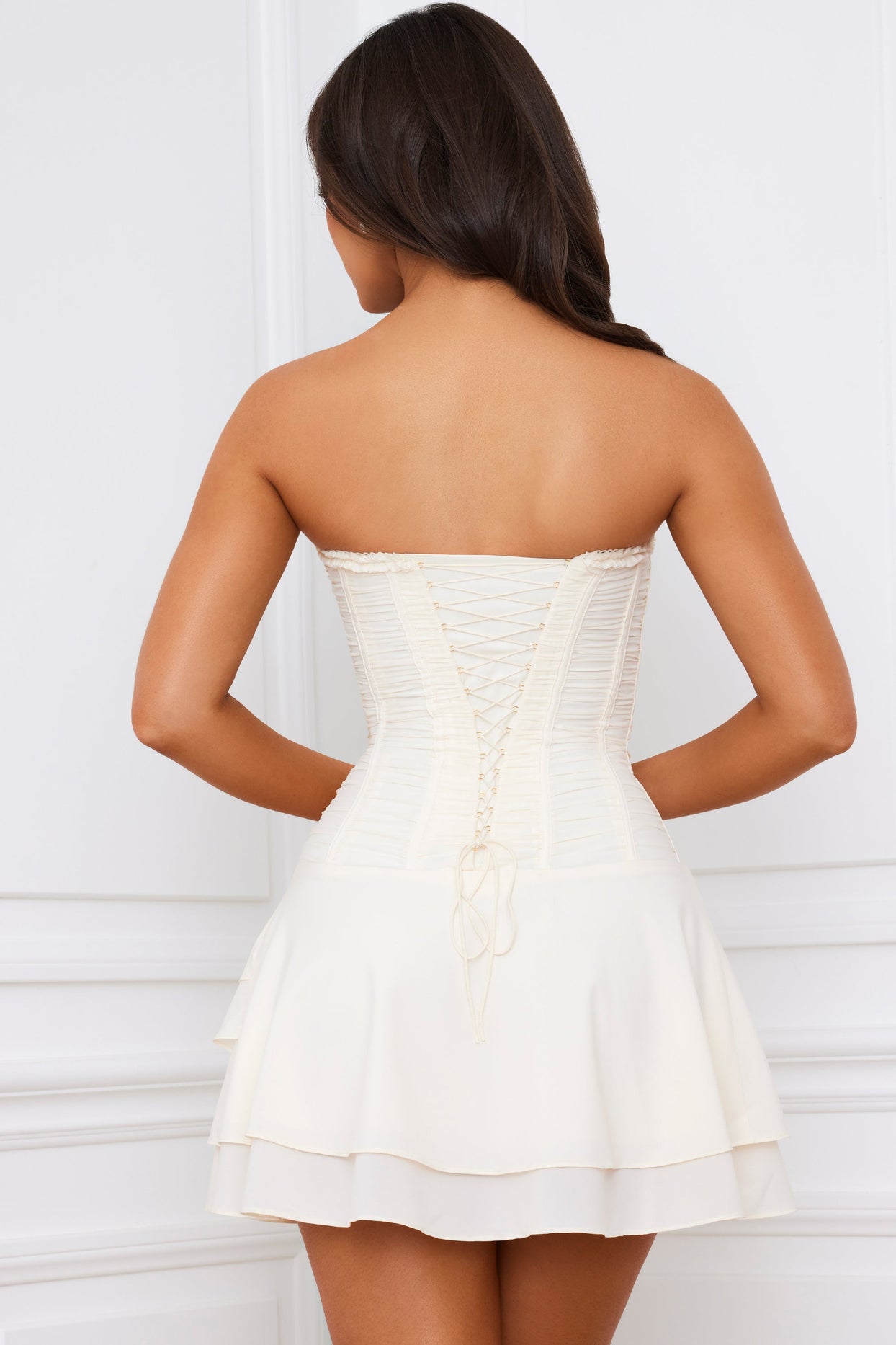 Bandeau Lace-Up Corset Mini Dress in Ivory