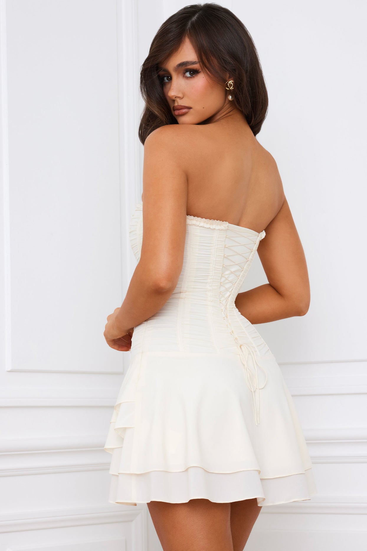 Bandeau Lace-Up Corset Mini Dress in Ivory