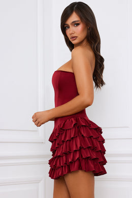 Bandeau Ruffled Tiered Corset Mini Dress in Berry Red