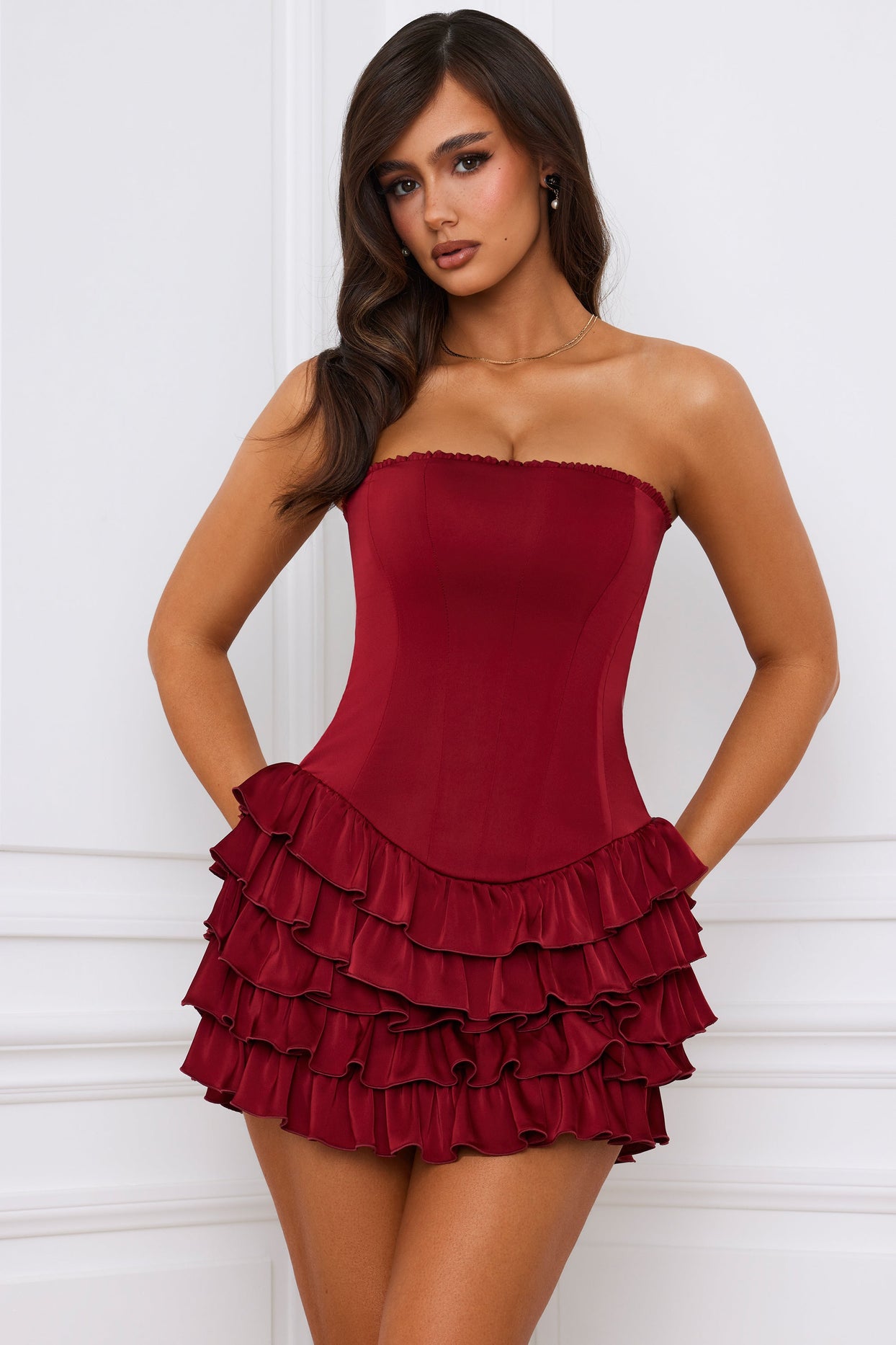 Bandeau Ruffled Tiered Corset Mini Dress in Berry Red