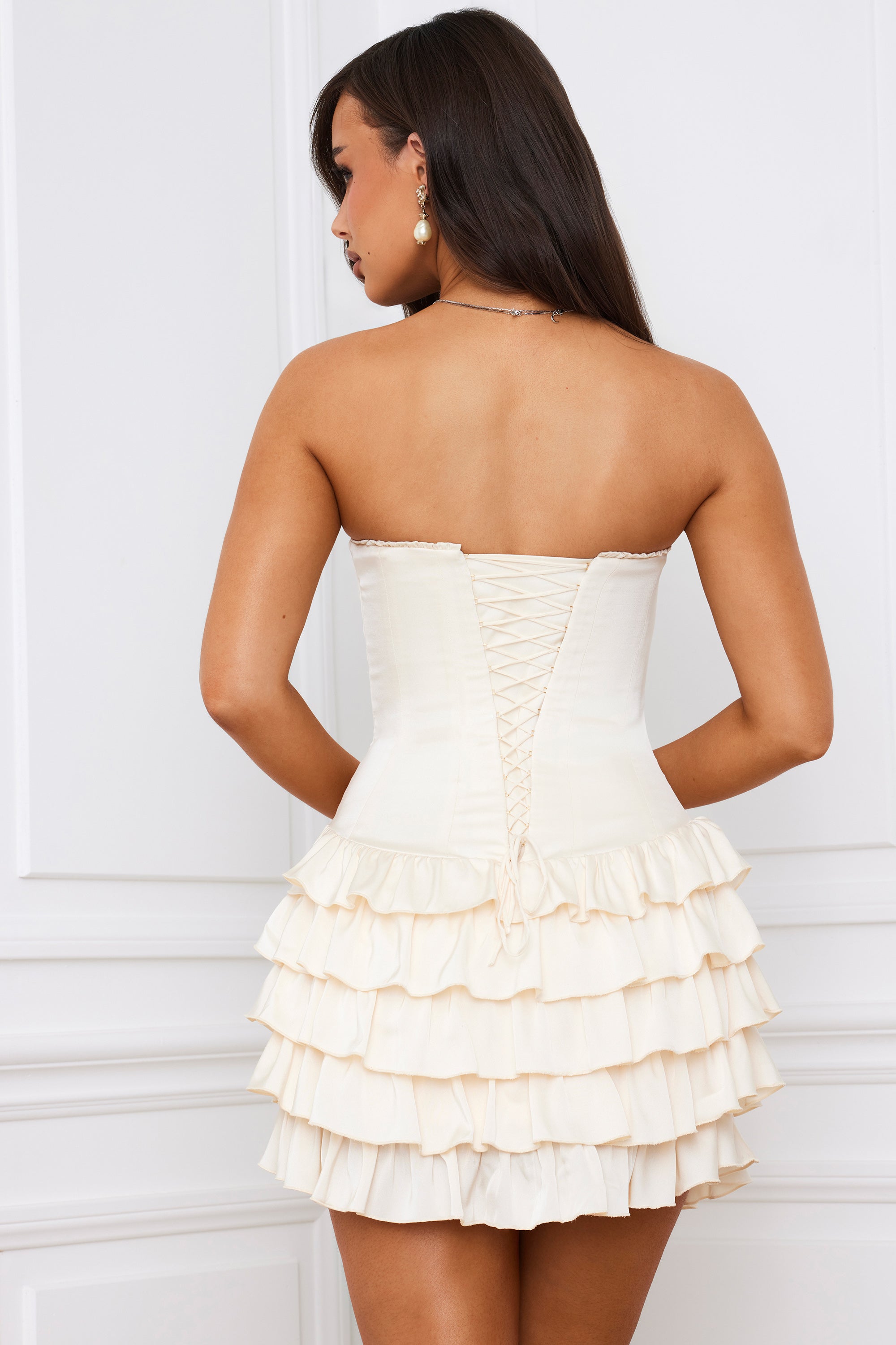 Bandeau Ruffled Tiered Corset Mini Dress in Ivory