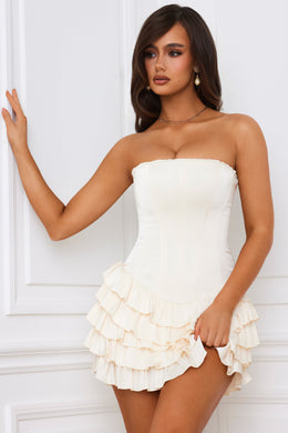 Bandeau Ruffled Tiered Corset Mini Dress in Ivory