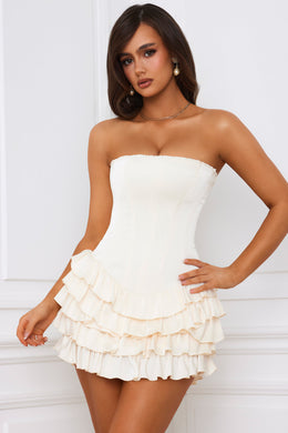 Bandeau Ruffled Tiered Corset Mini Dress in Ivory