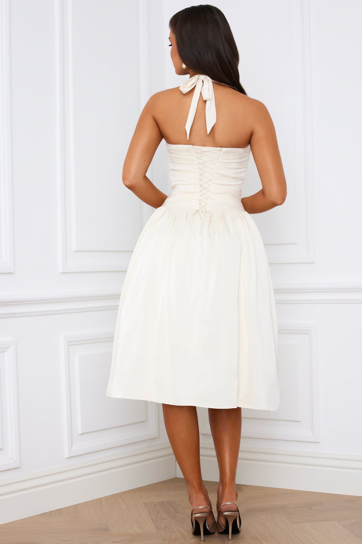 Halterneck Lace-Up Ruched Corset Midi Dress in Ivory