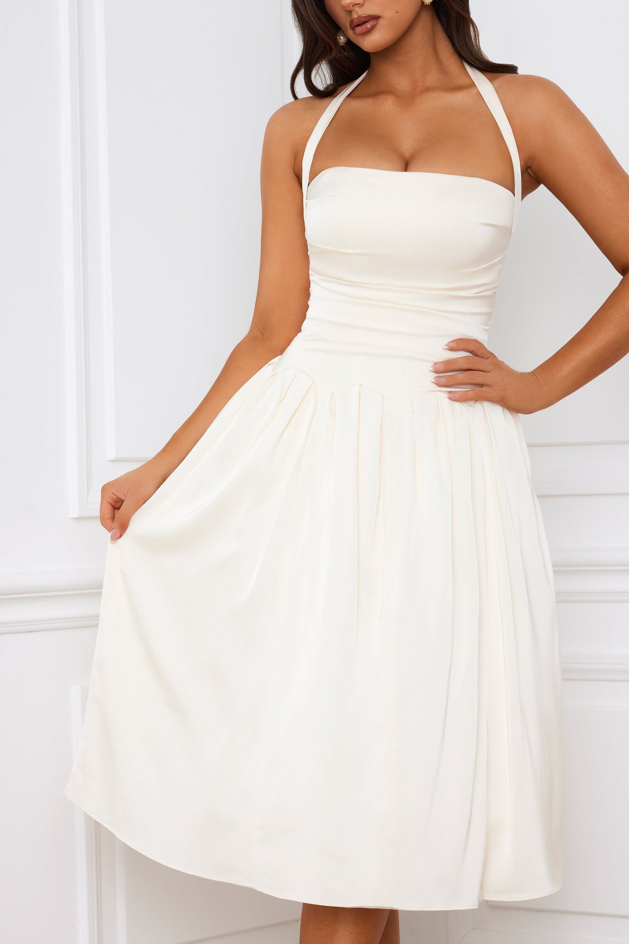 Halterneck Lace-Up Ruched Corset Midi Dress in Ivory