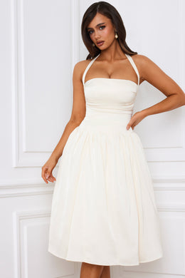 Halterneck Lace-Up Ruched Corset Midi Dress in Ivory