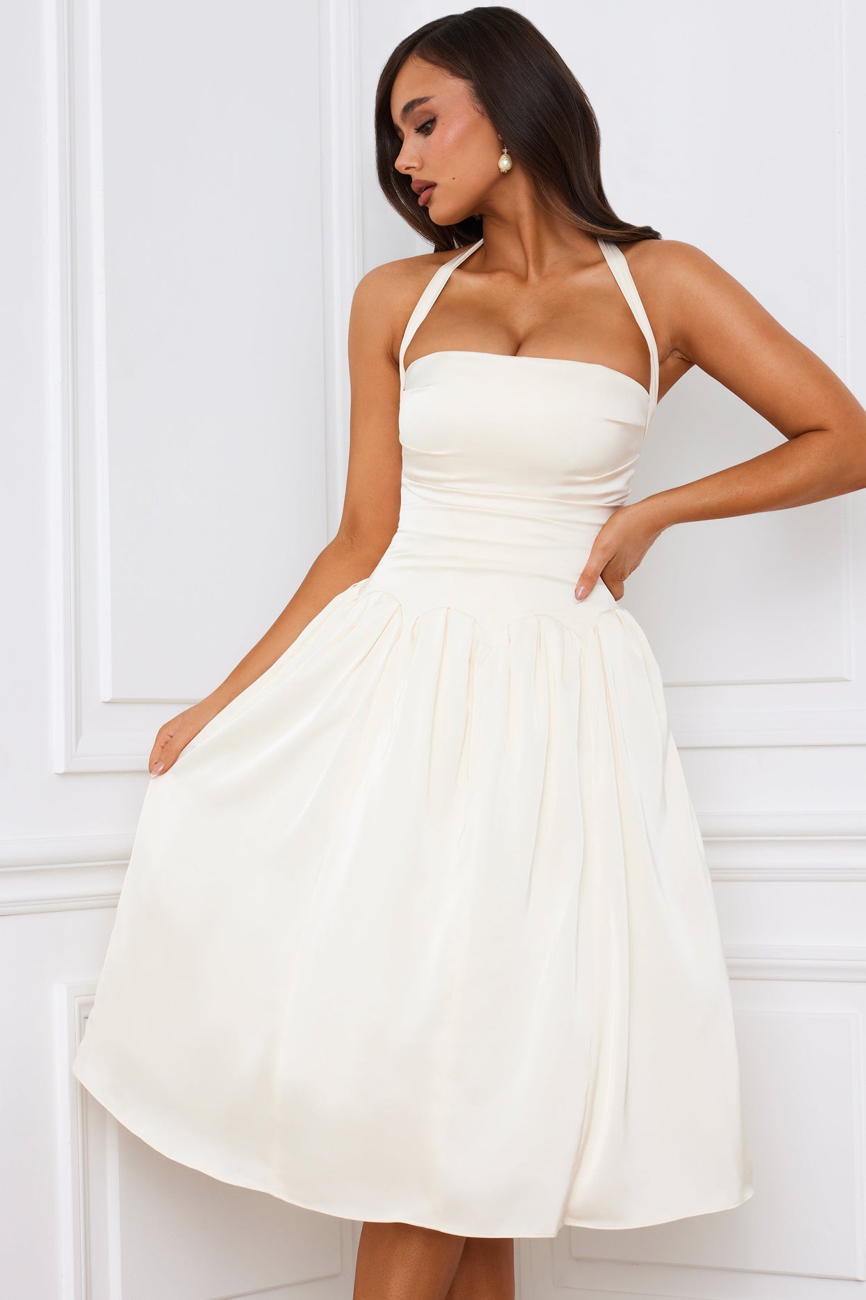 Halterneck Lace-Up Ruched Corset Midi Dress in Ivory