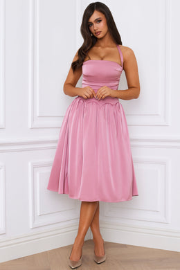 Halterneck Lace-Up Ruched Corset Midi Dress in Mauve