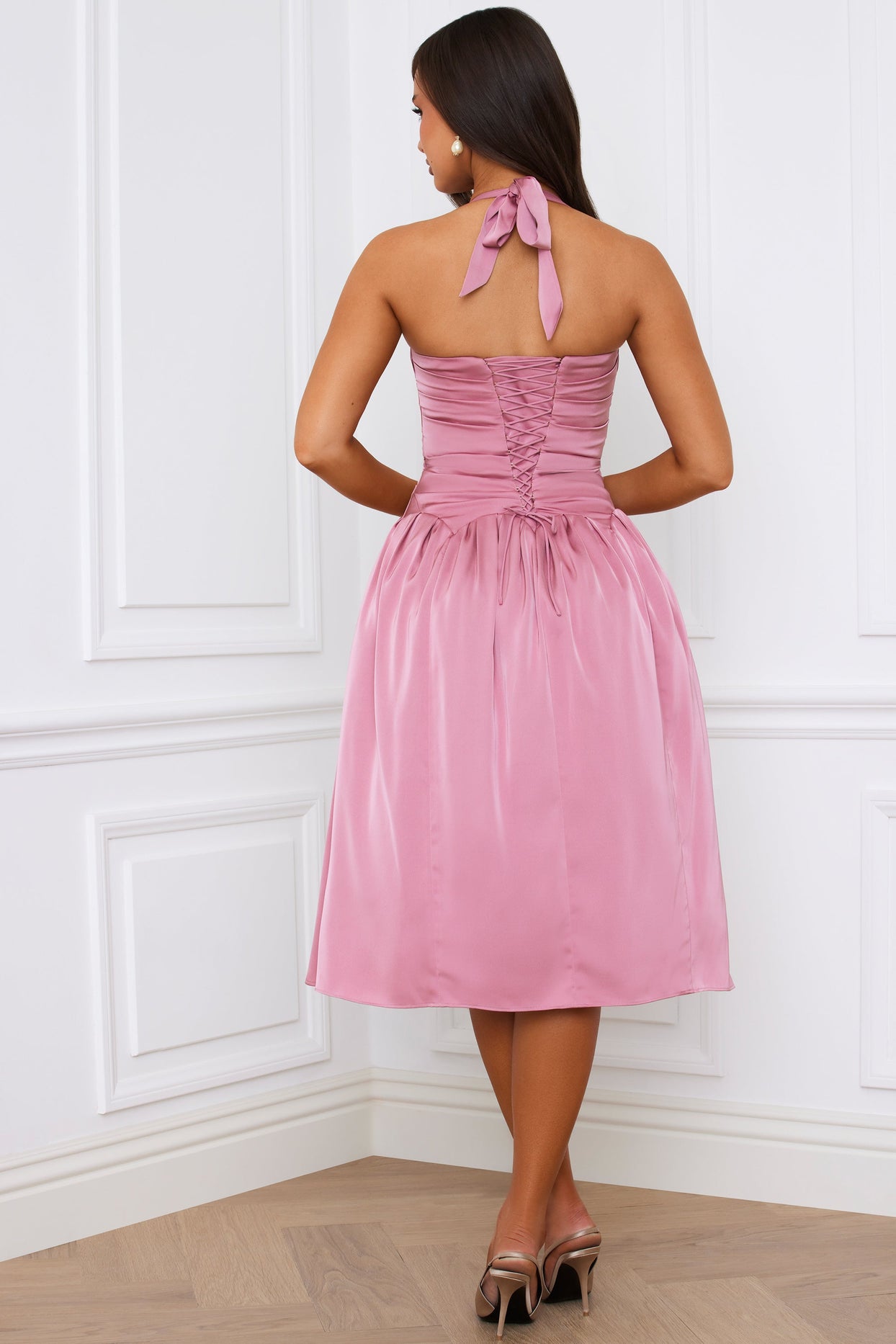 Halterneck Lace-Up Ruched Corset Midi Dress in Mauve