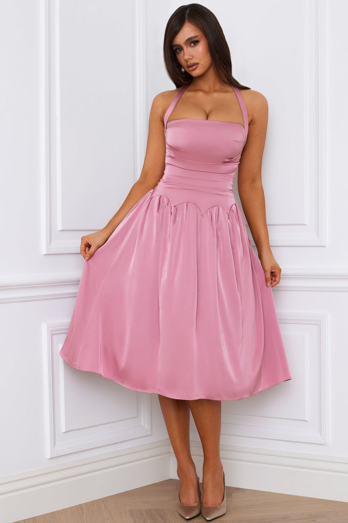 Halterneck Lace-Up Ruched Corset Midi Dress in Mauve