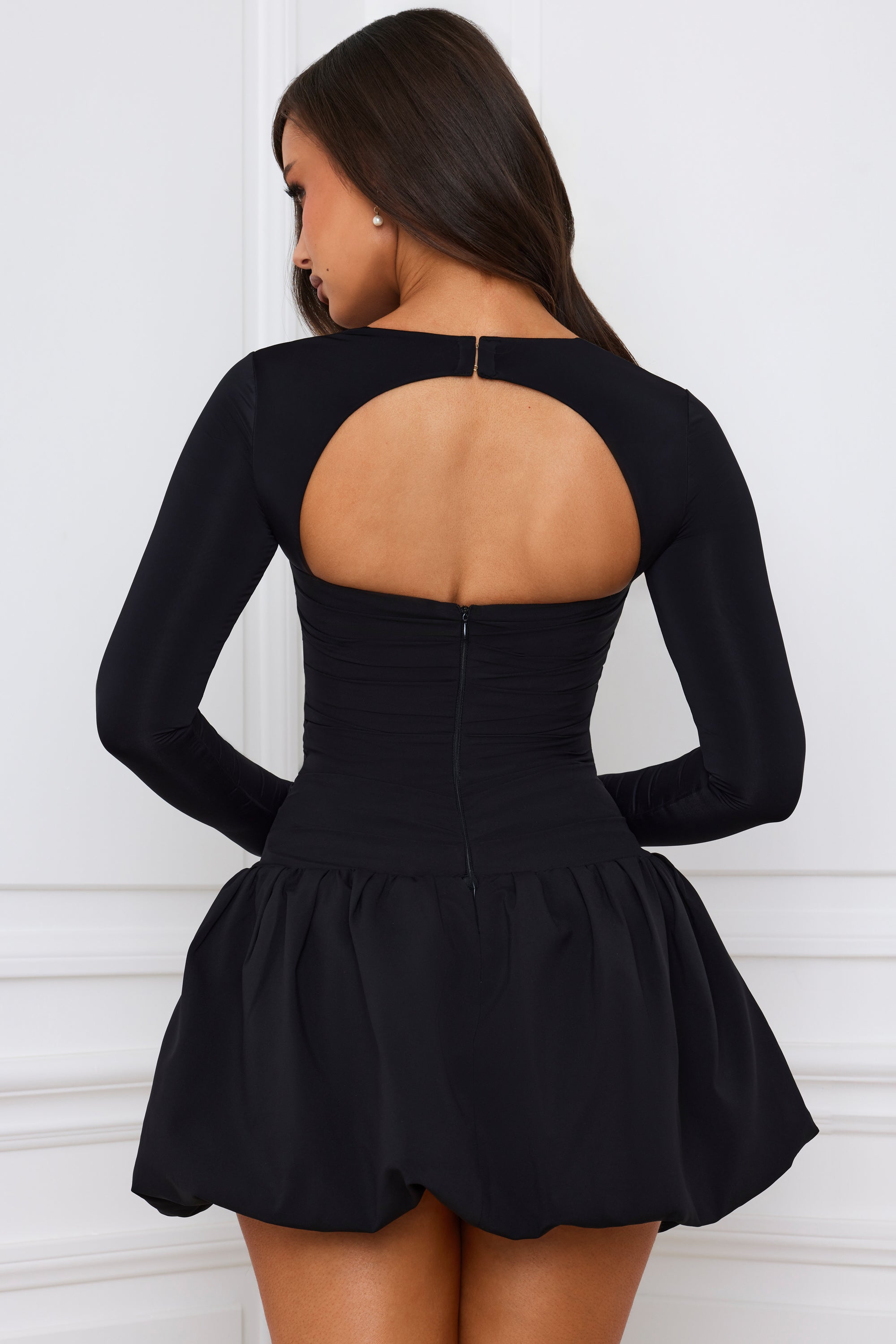 Long-Sleeve Bubble Hem Mini Dress in Black
