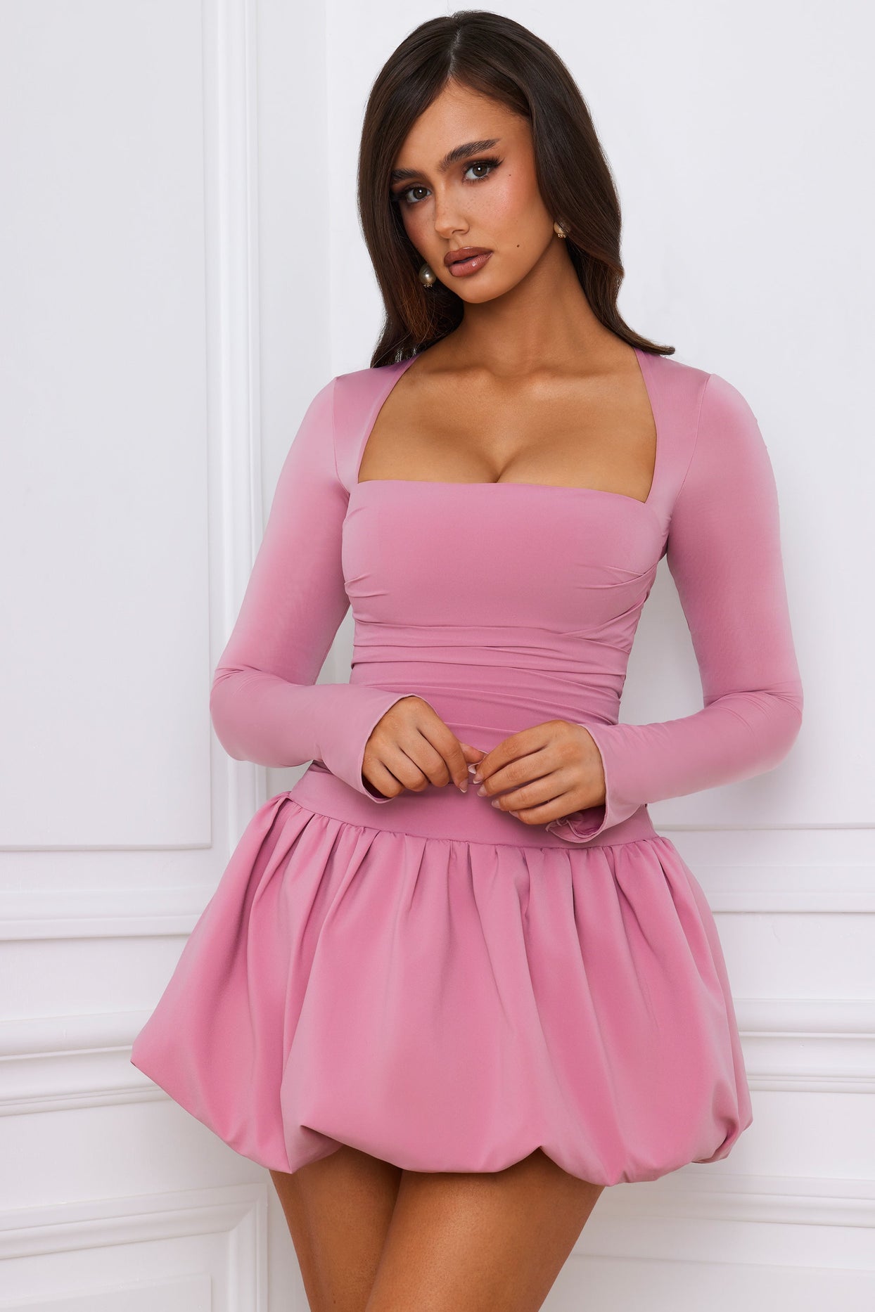Viola Long-Sleeve Bubble Hem Mini Dress in Mauve | Oh Polly Viola Long-Sleeve Bubble Hem Mini Dress in Mauve | Oh Polly