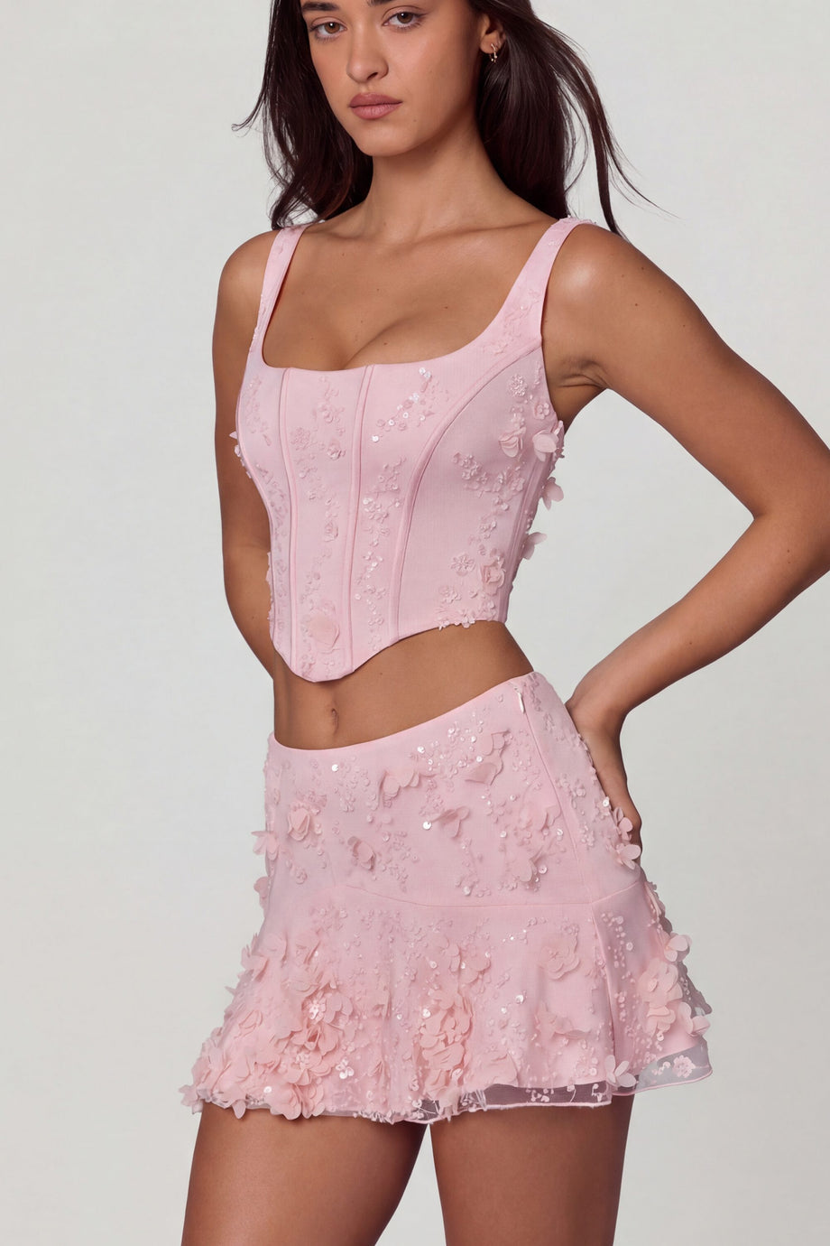Oh Polly's Roberta wearing the Lorelei Mini Skirt in Ballet Pink Embellished fabric perfect for a night out