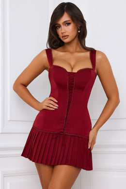 Bow-Detail Lace-Up Corset Mini Dress in Berry Red