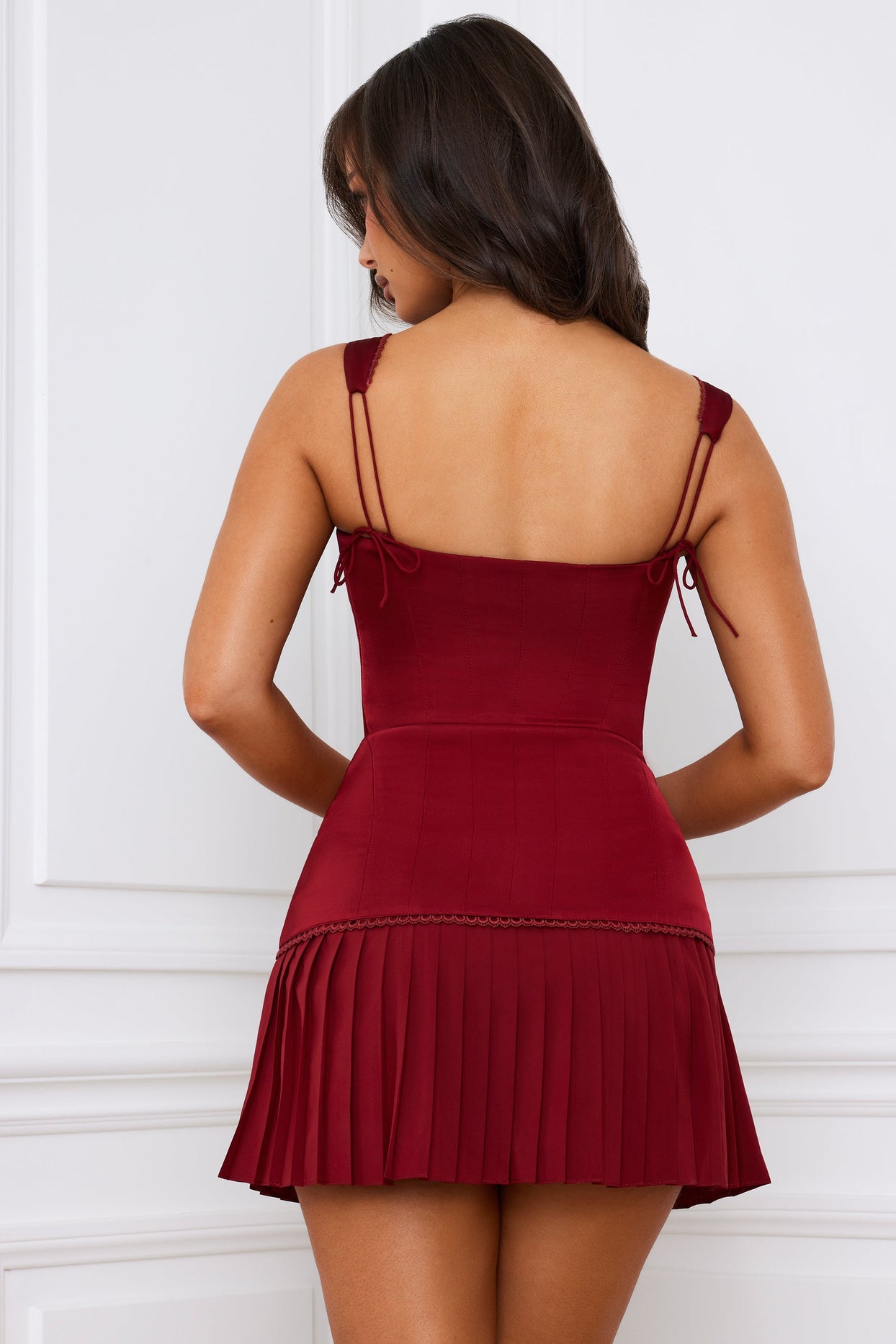 Bow-Detail Lace-Up Corset Mini Dress in Berry Red