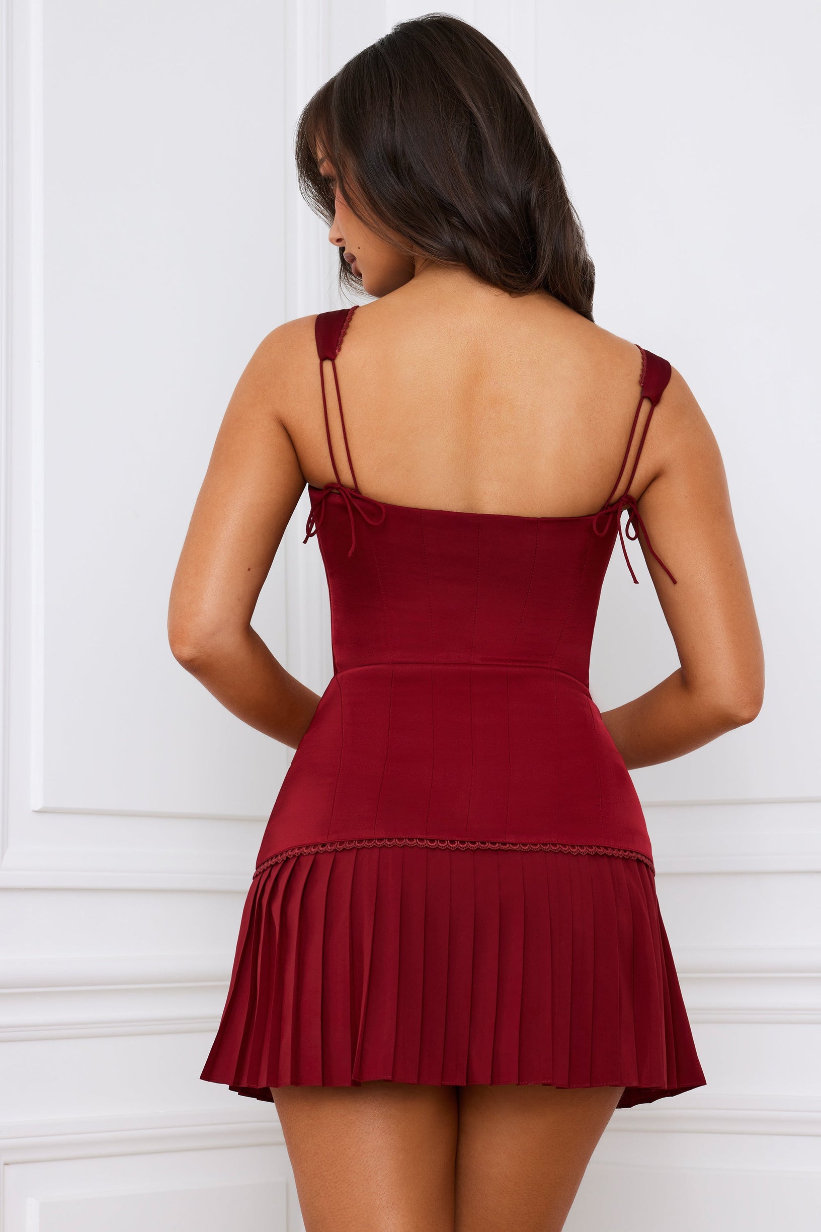 Bow-Detail Lace-Up Corset Mini Dress in Berry Red - 2