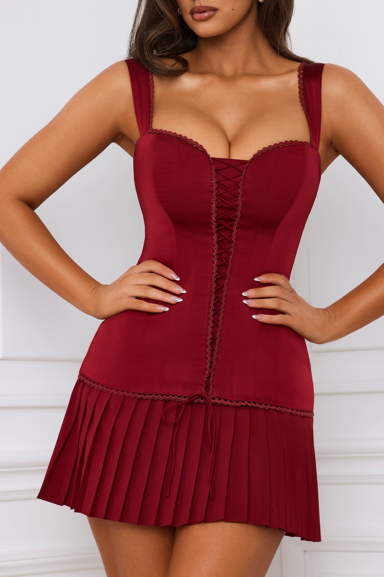 Bow-Detail Lace-Up Corset Mini Dress in Berry Red