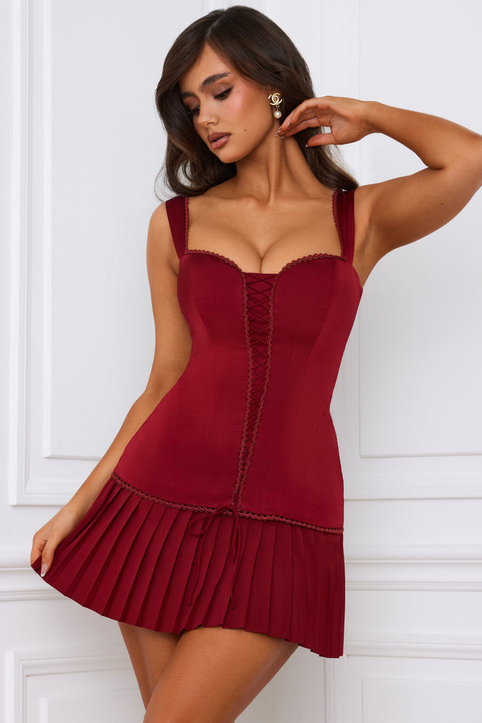 Bow-Detail Lace-Up Corset Mini Dress in Berry Red