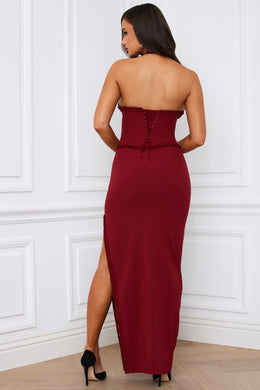 Halterneck Lace-Up Corset Maxi Dress in Berry Red