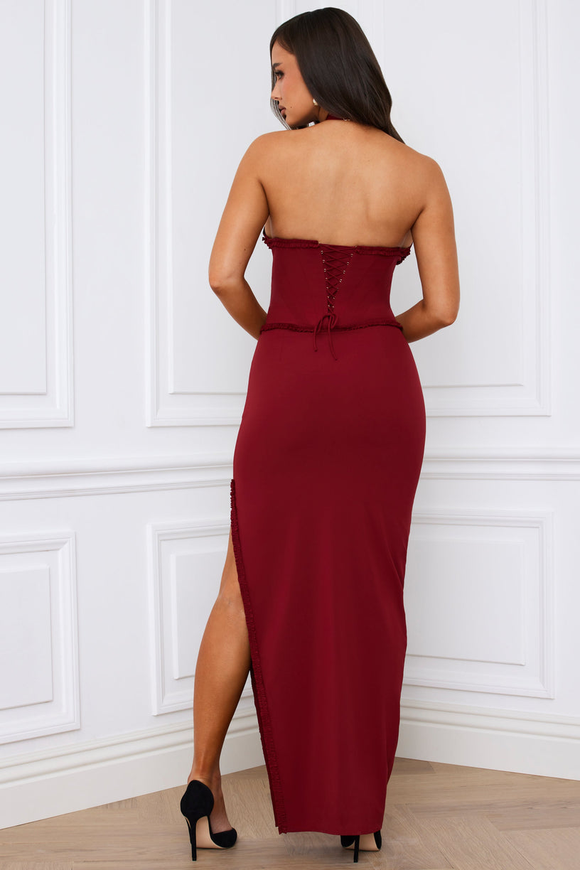 Halterneck Lace-Up Corset Maxi Dress in Berry Red - 2