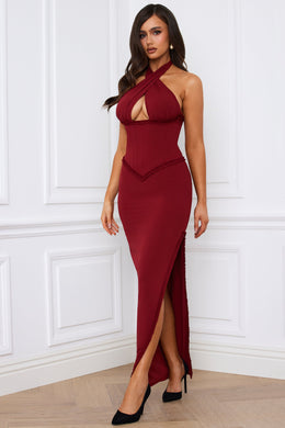 Halterneck Lace-Up Corset Maxi Dress in Berry Red