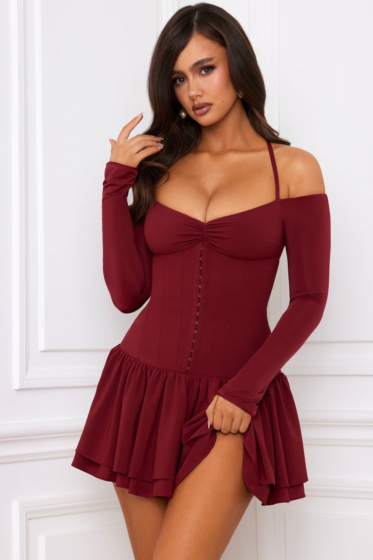 Off-Shoulder Tiered Corset Mini Dress in Berry Red