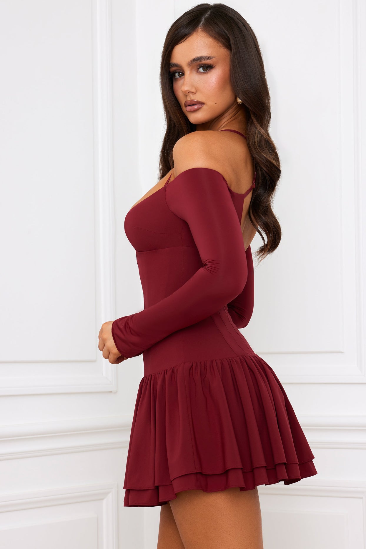 Off-Shoulder Tiered Corset Mini Dress in Berry Red