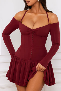 Off-Shoulder Tiered Corset Mini Dress in Berry Red