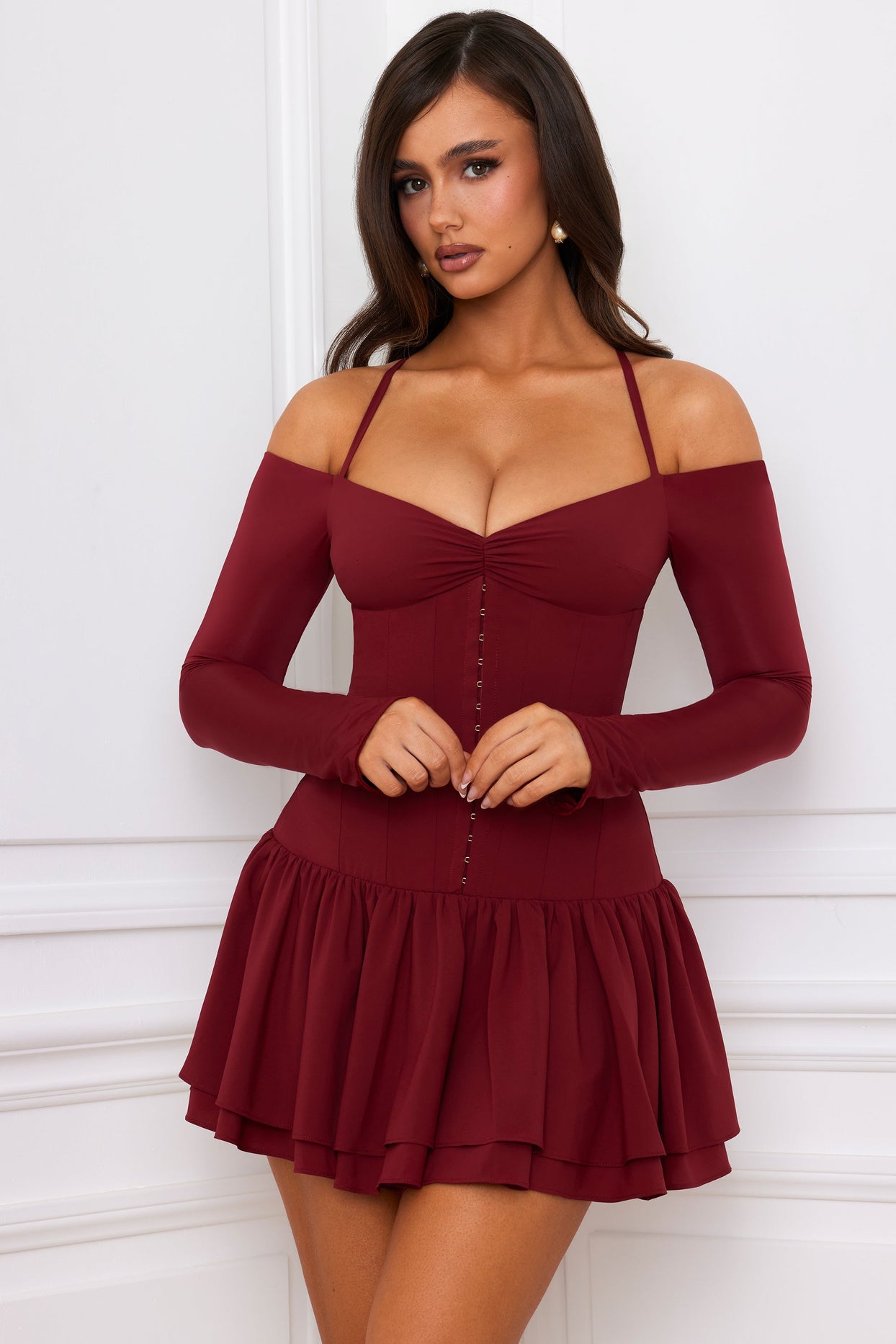 Off-Shoulder Tiered Corset Mini Dress in Berry Red