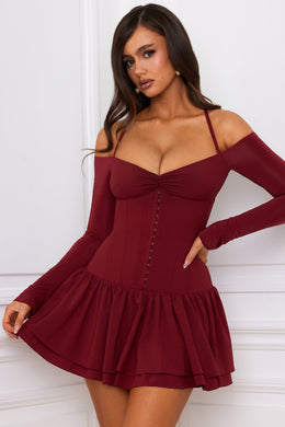 Off-Shoulder Tiered Corset Mini Dress in Berry Red